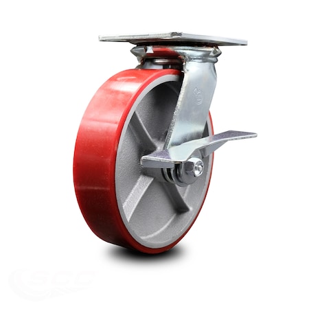 Service Caster 8 Inch Heavy Duty Red Poly on Cast Iron Caster with Roller Bearing and Brake SCC-35S820-PUR-RS-SLB